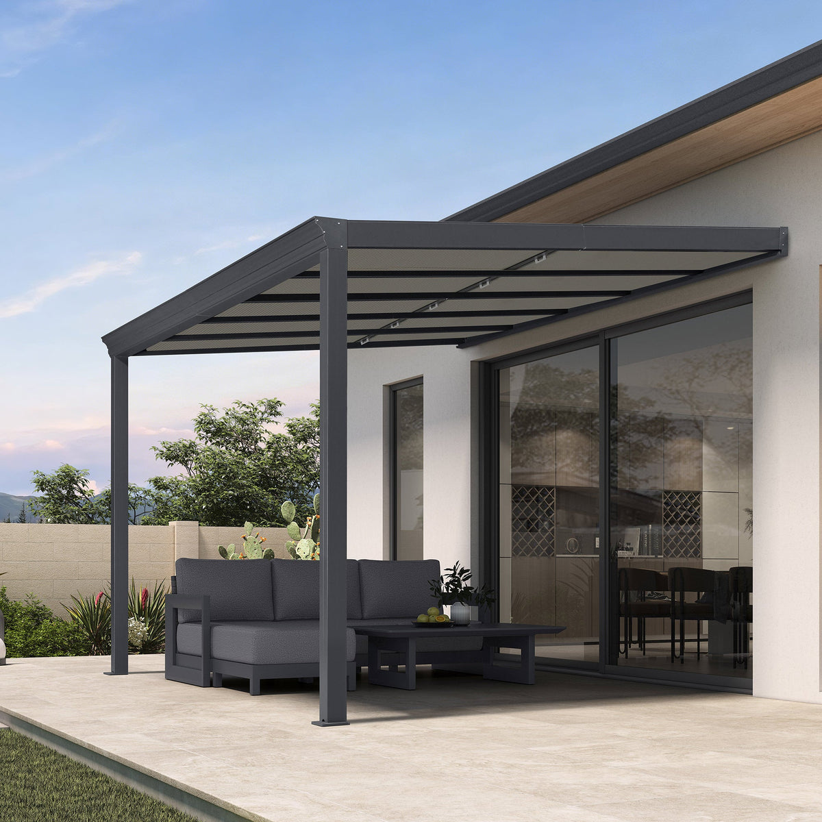 PURPLE LEAF Wall Mounted Gazebo with Gray Polycarbonate Roof Aluminum Frame Patio Cover with Retractable Pleated Shades for Porch