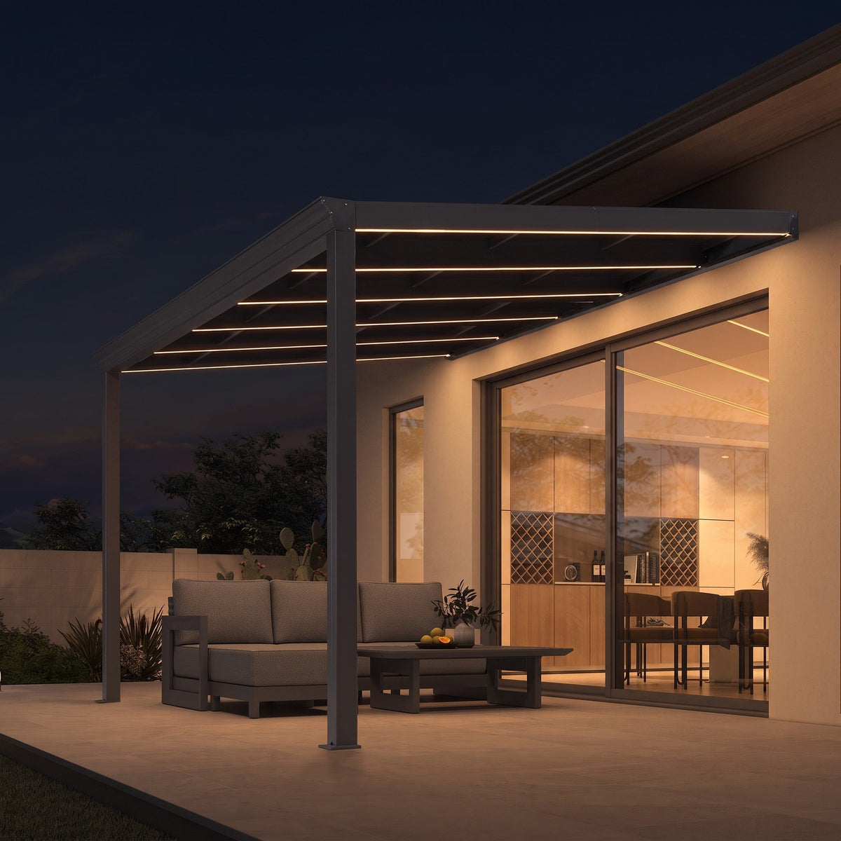 PURPLE LEAF Wall Mounted Gazebo with Gray Polycarbonate Roof Aluminum Frame Patio Cover with Strip Light for Porch