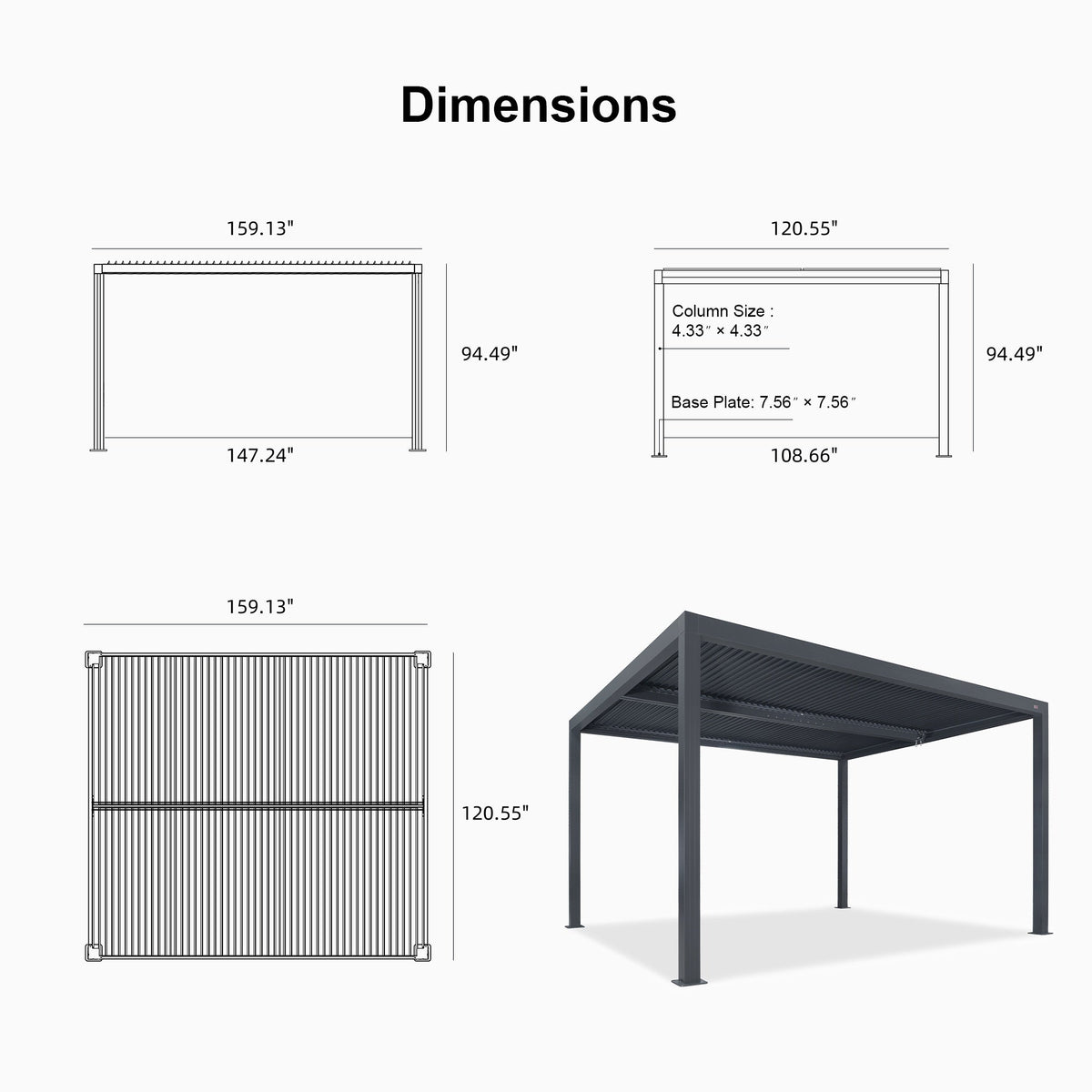 PURPLE LEAF Athena Louvered Pergola Grey Outdoor Aluminum Pergola with Shutter Wall Adjustable Gazebo Rainproof for Patio Deck Garden