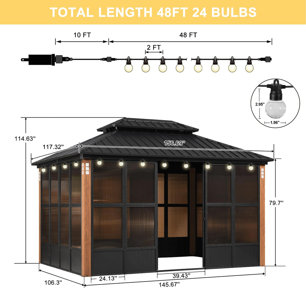 PURPLE LEAF Sunroom Hardtop Gazebo with Wood Grain Columns Black Frame Double Roof Galvanized Steel Solarium All-Weather Screen House with String Lights
