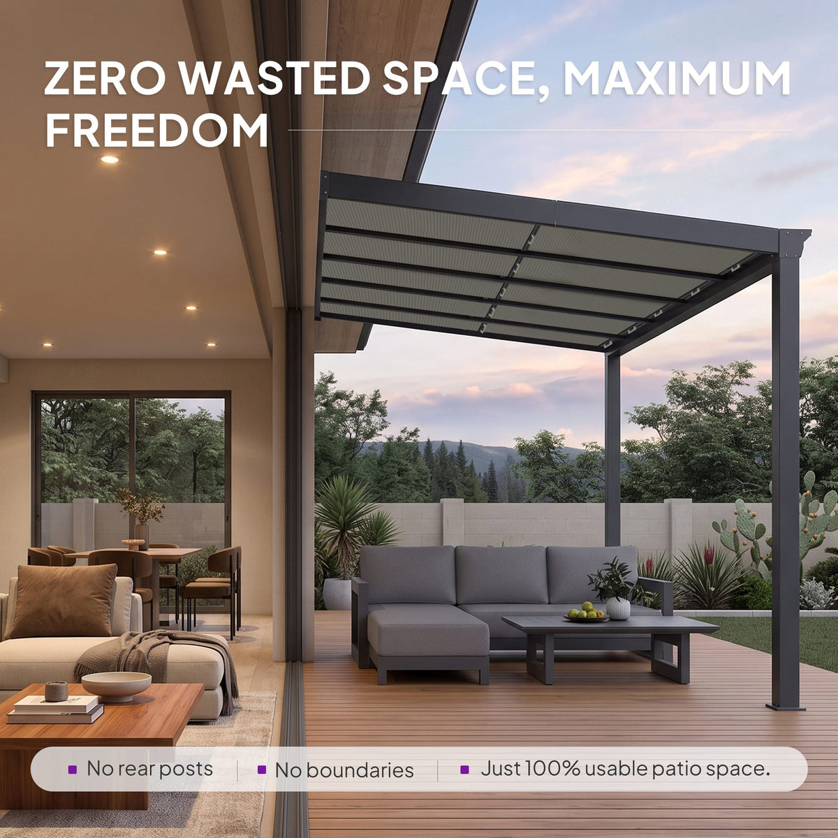 PURPLE LEAF Wall Mounted Gazebo with Gray Polycarbonate Roof Aluminum Frame Patio Cover with Retractable Pleated Shades for Porch