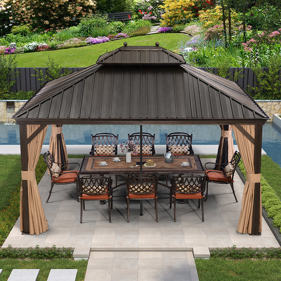 PURPLE LEAF Outdoor Hardtop Gazebo for Garden Bronze Double Roof Aluminum Frame Pavilion with Reinforcement Support Rod