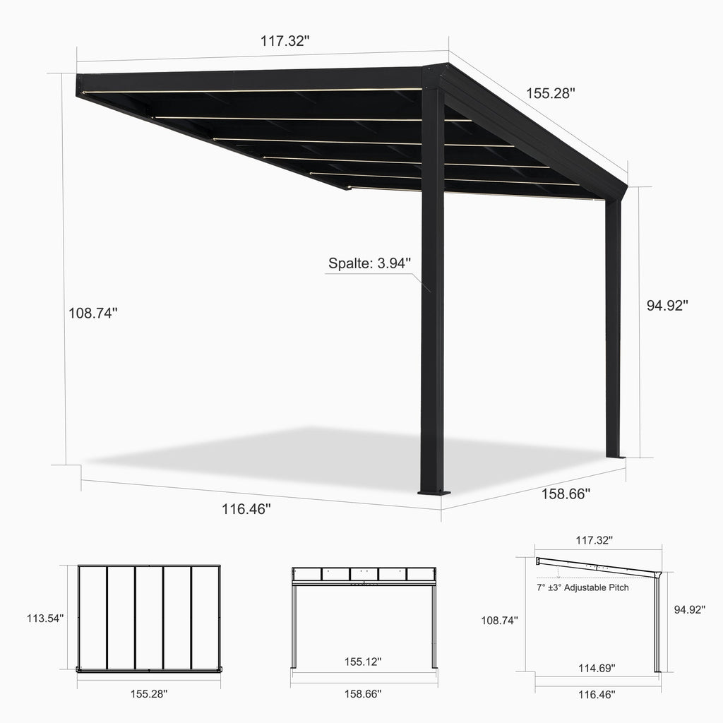 PURPLE LEAF Wall Mounted Gazebo with Gray Polycarbonate Roof Aluminum Frame Patio Cover with Strip Light for Porch