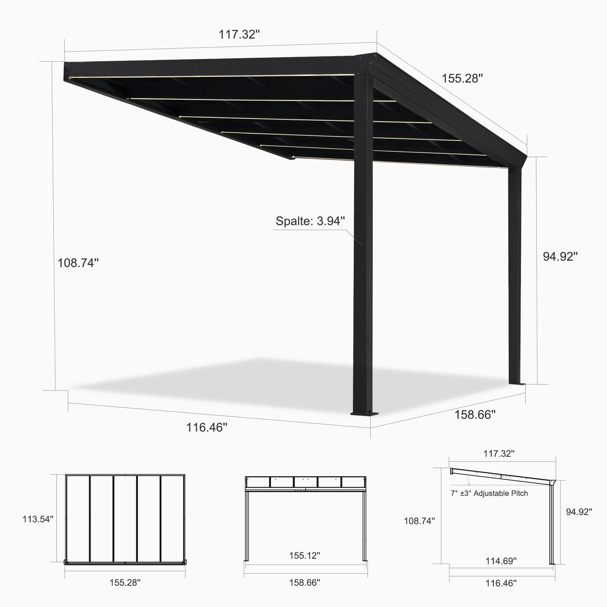 PURPLE LEAF Wall Mounted Gazebo with Gray Polycarbonate Roof Aluminum Frame Patio Cover with Strip Light for Porch