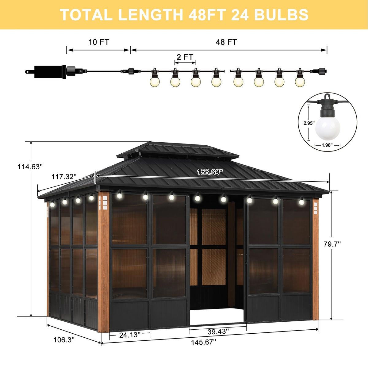 PURPLE LEAF Sunroom Hardtop Gazebo with Wood Grain Columns Black Frame Double Roof Galvanized Steel Solarium All-Weather Screen House with String Lights