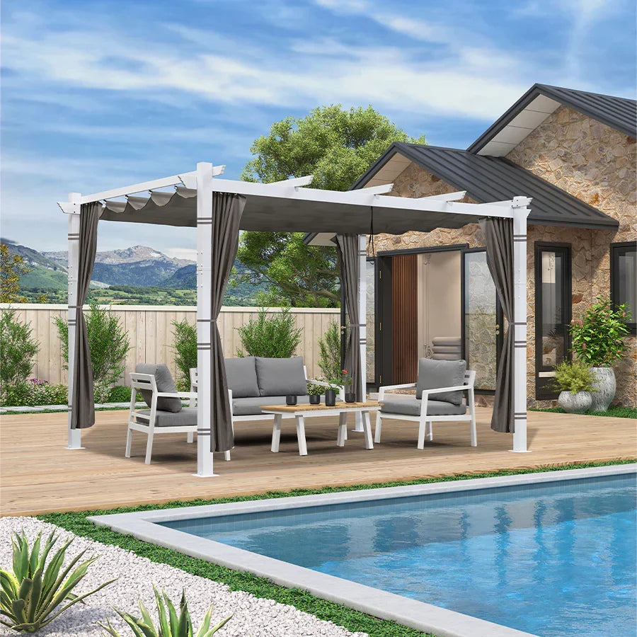PURPLE LEAF Outdoor Retractable Pergola with Sun Shade Canopy Cover White Patio Metal Shelter for Garden With Curtains