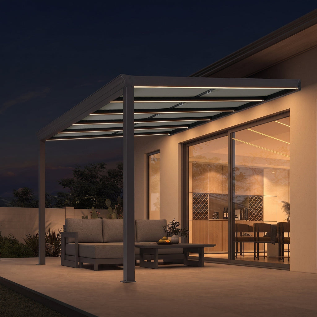 PURPLE LEAF Wall Mounted Gazebo with Gray Polycarbonate Roof Aluminum Frame Patio Cover with Retractable Pleated Shades and LED Strip Light