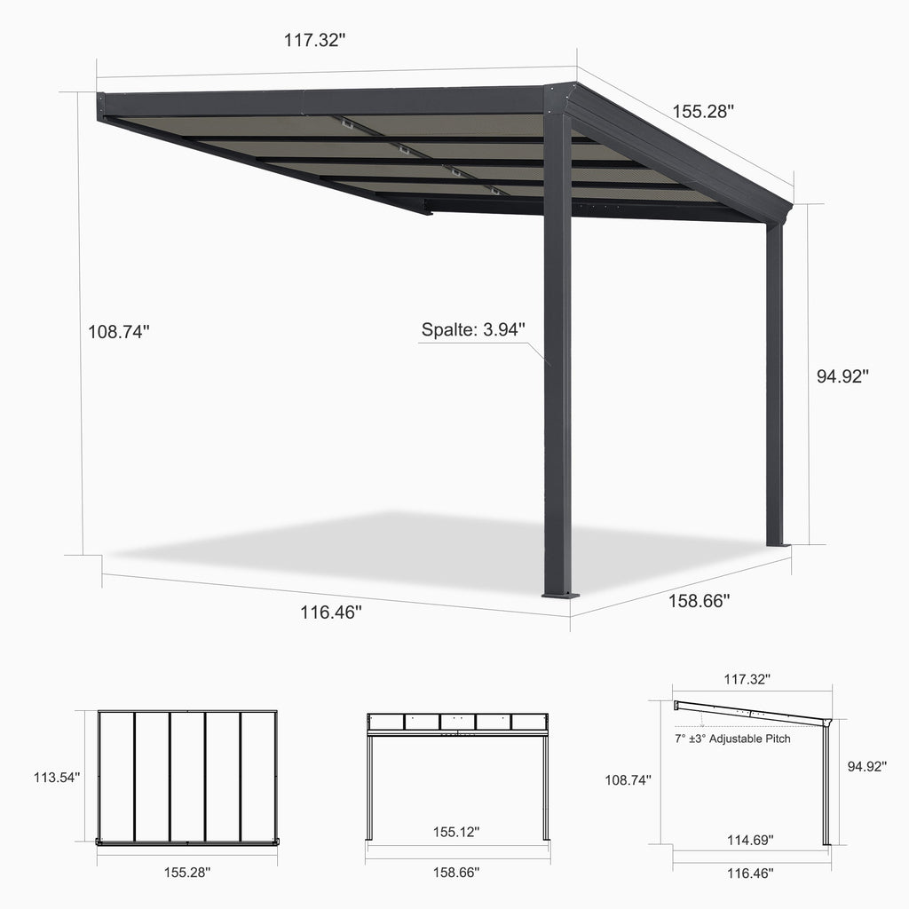 PURPLE LEAF Wall Mounted Gazebo with Gray Polycarbonate Roof Aluminum Frame Patio Cover with Retractable Pleated Shades for Porch