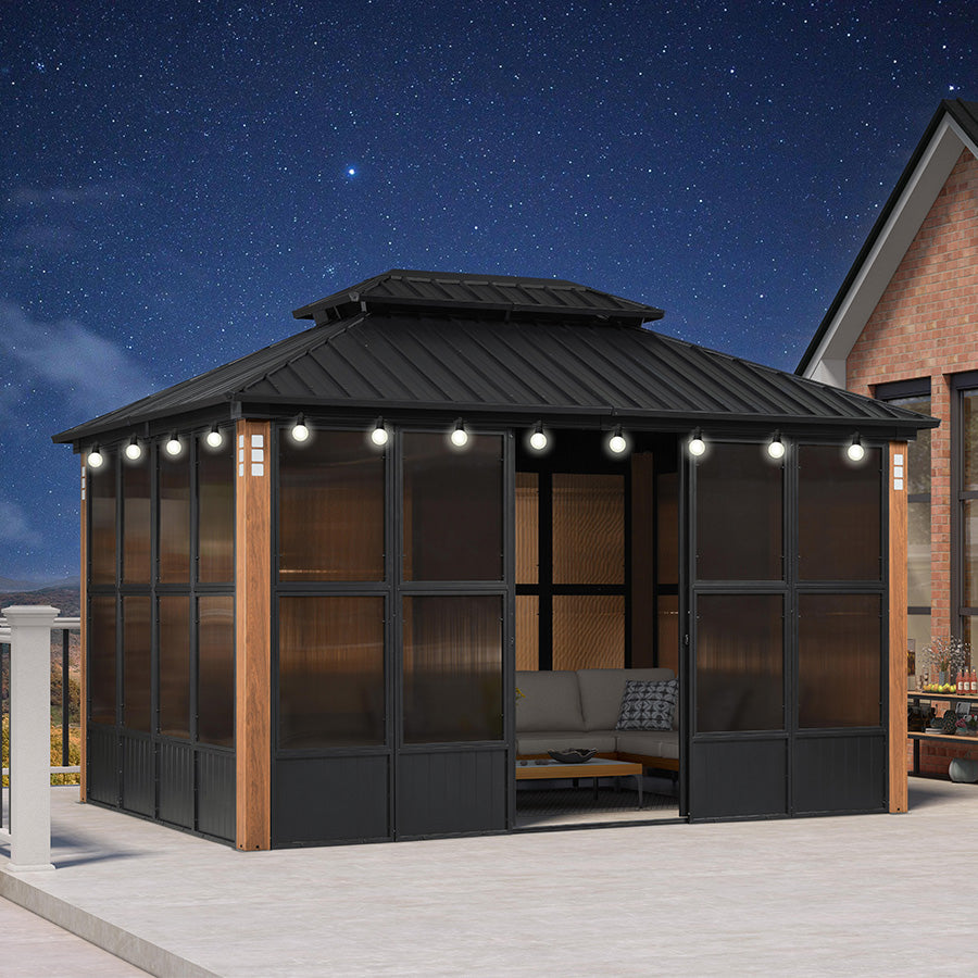 PURPLE LEAF Sunroom Hardtop Gazebo with Wood Grain Columns Black Frame Double Roof Galvanized Steel Solarium All-Weather Screen House with String Lights