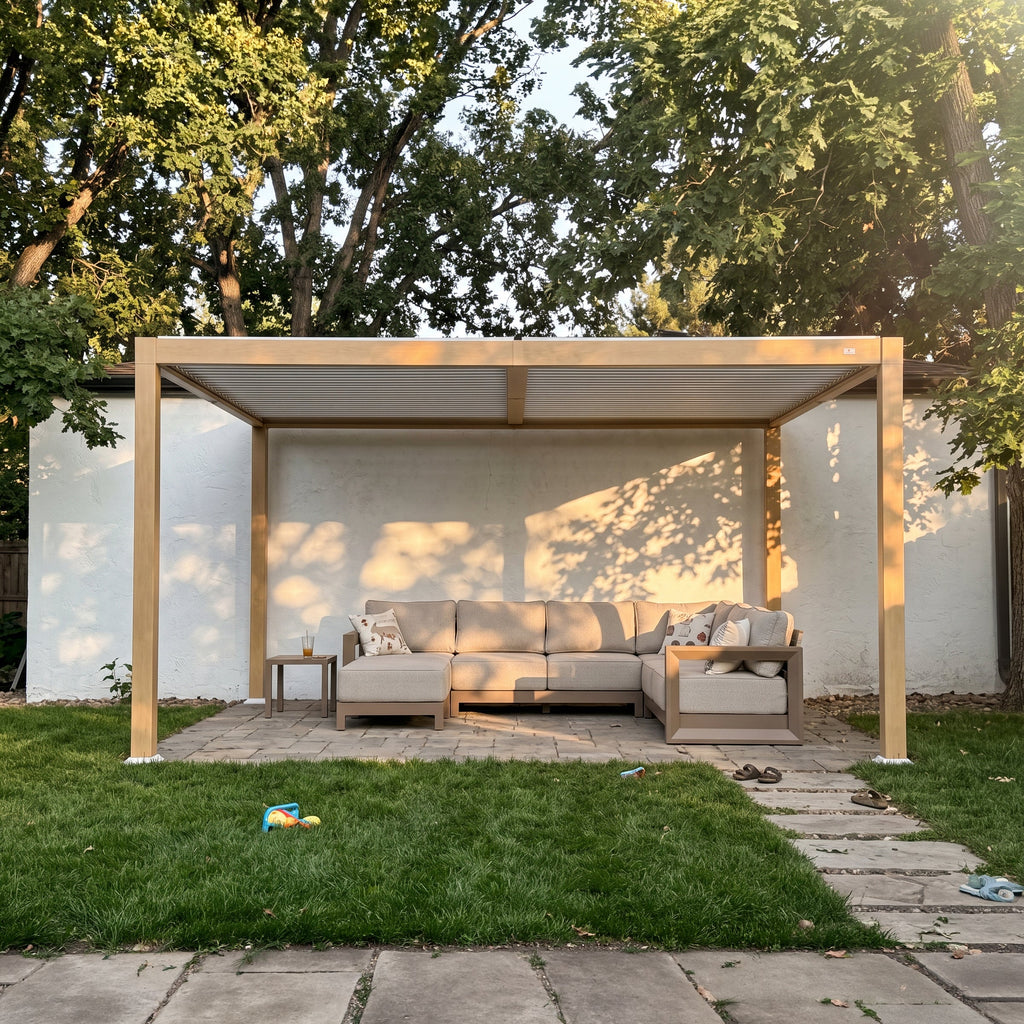 PURPLE LEAF Caesar Louvered Pergola Outdoor Wood Grain Aluminum Pergola with Adjustable Roof Patio Hardtop Gazebo for Backyard Garden