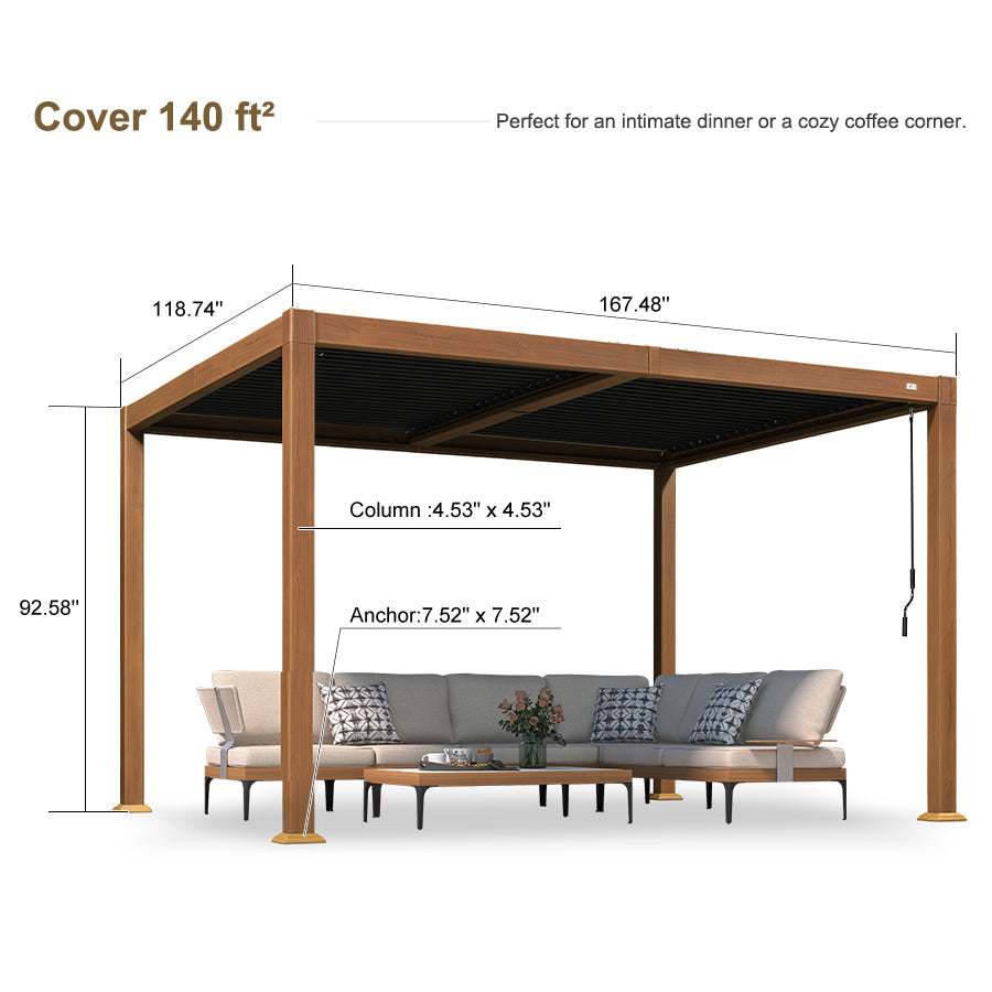 PURPLE LEAF Caesar Louvered Pergola Outdoor Wood Grain Frame Gray  Roof Aluminum Pergola with Adjustable Roof Patio Hardtop Gazebo for Backyard Garden