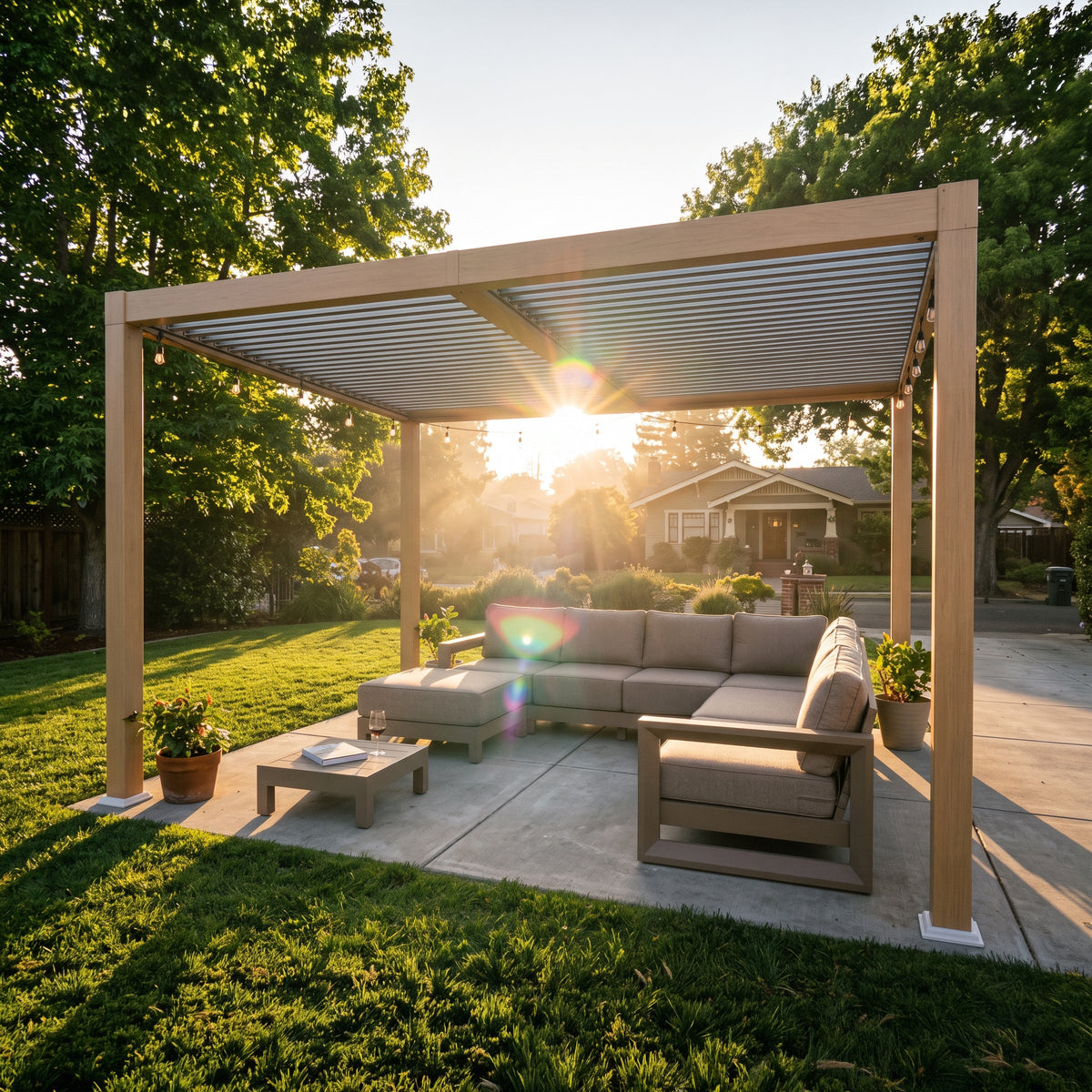 PURPLE LEAF Caesar Louvered Pergola Outdoor Wood Grain Aluminum Pergola with Adjustable Roof Patio Hardtop Gazebo for Backyard Garden
