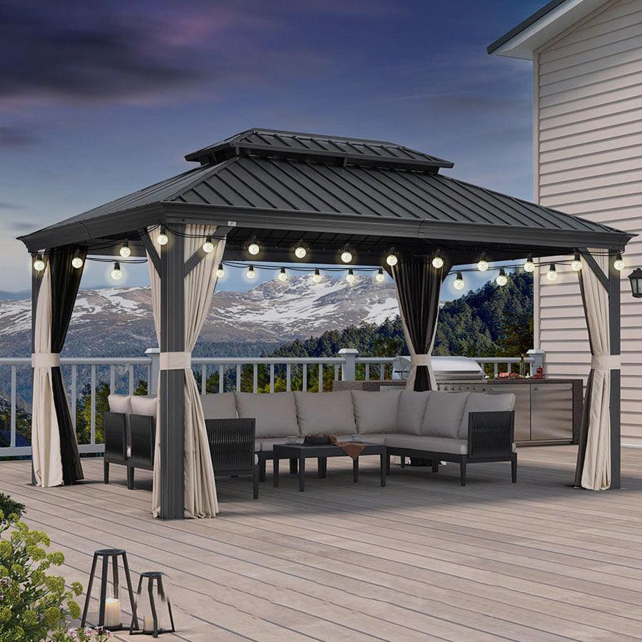 PURPLE LEAF Outdoor Hardtop Gazebo for Patio Grey Aluminum Frame Pavilion with Khaki curtains and String Lights