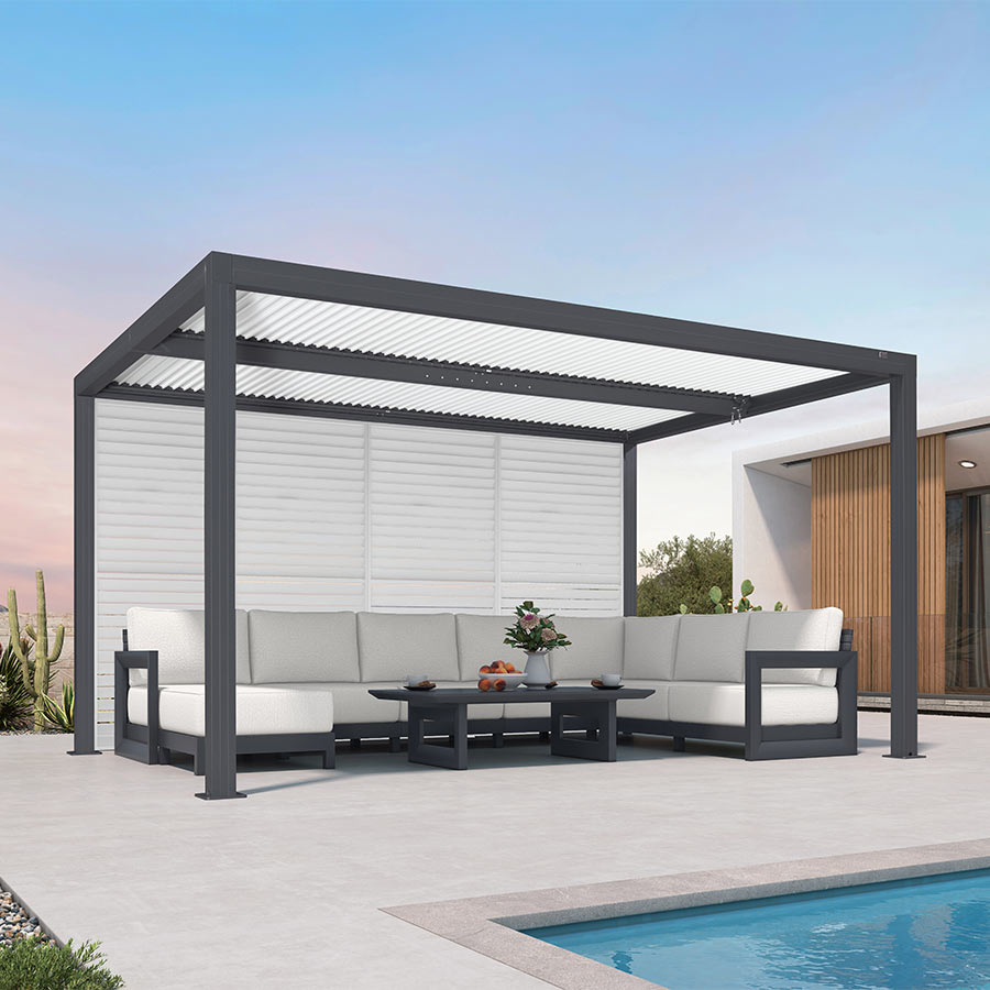 PURPLE LEAF Athena Louvered Pergola Grey Outdoor Aluminum Pergola with Shutter Wall Adjustable Gazebo Rainproof for Patio Deck Garden