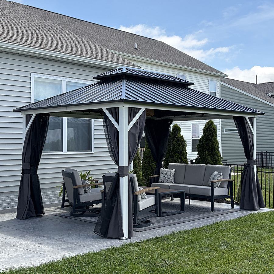 PURPLE LEAF Modern Gazebo Grey Hardtop Galvanized Steel Double Roof White Aluminum Poles with Curtains and Netting with Lights-clear