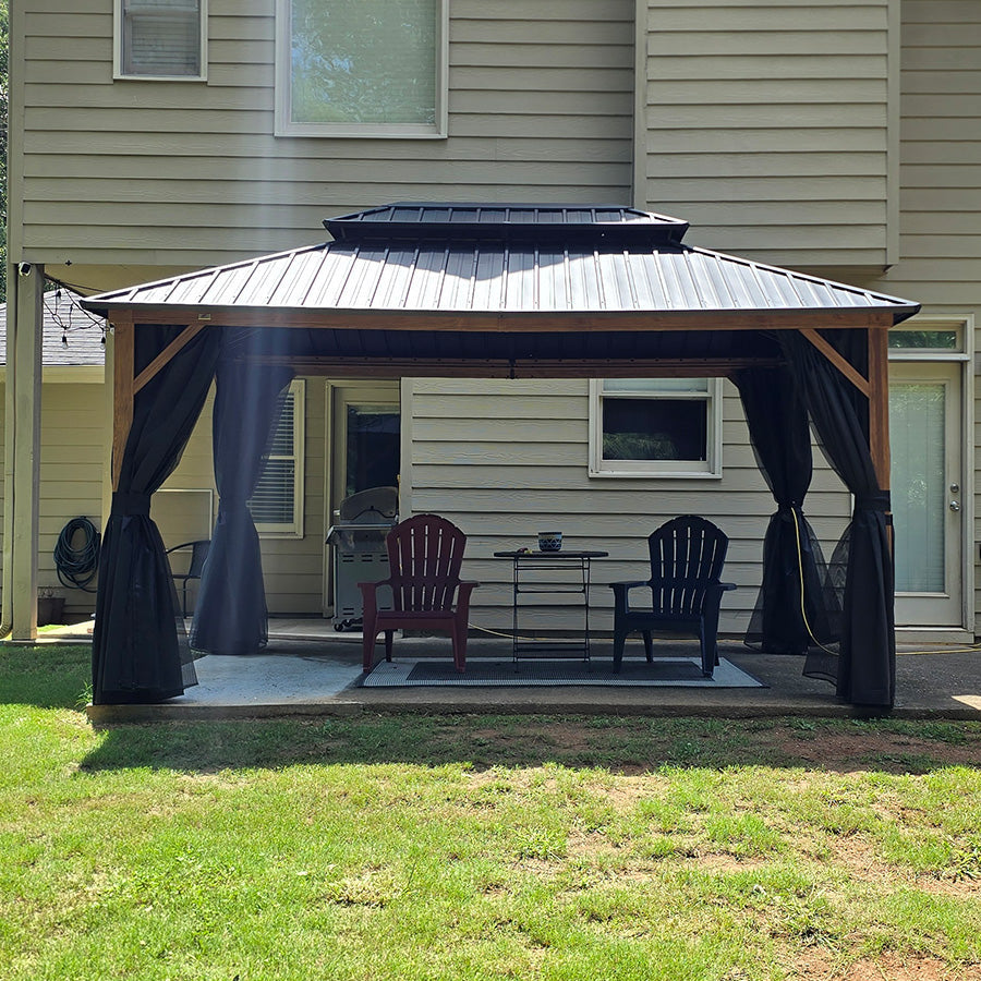 PURPLE LEAF Metal Gazebo Double Roof Wood Grain Aluminum Frame with Curtains and Netting with Lights-milky