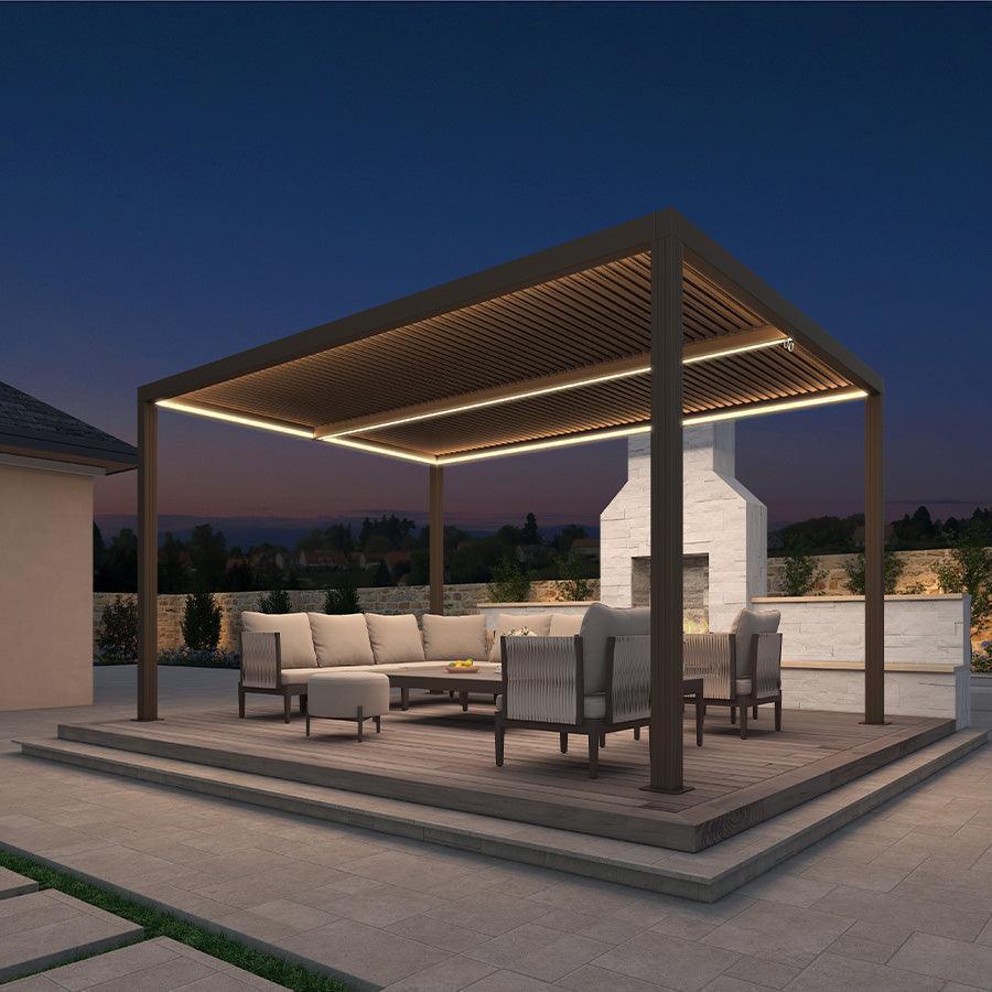 PURPLE LEAF Athena Louvered Pergola Bronze Outdoor Aluminum Pergola with Strip Lights Adjustable Gazebo for Patio Deck Garden