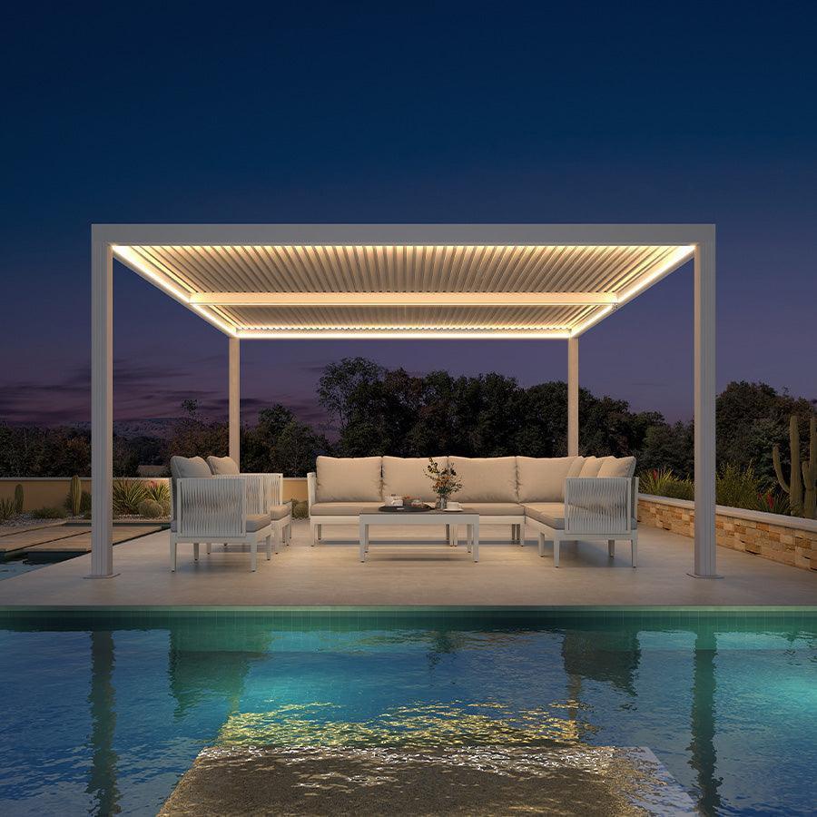 PURPLE LEAF Athena Louvered Pergola White Outdoor Aluminum Pergola with Strip Lights Adjustable Gazebo for Patio Deck Garden