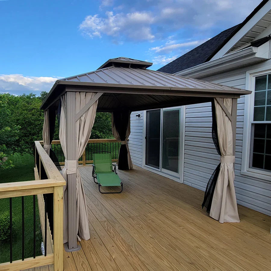 PURPLE LEAF Deck Gazebo Champagne Hardtop Metal Frame Double Roof with Curtains and Netting with Lights-milky