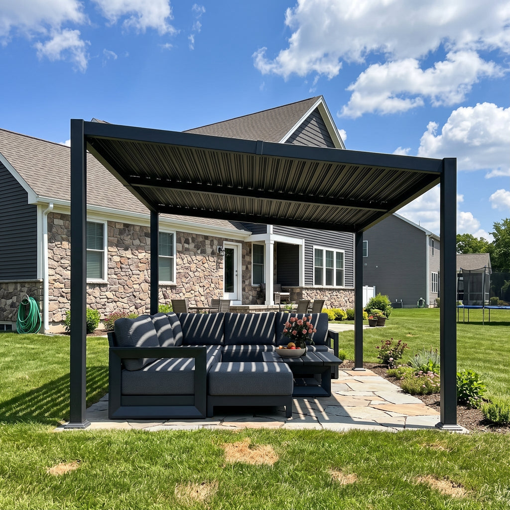 PURPLE LEAF Caesar Hardtop Louvered Pergola with LED String Lights, Slanted Roof Outdoor Aluminum Pergola with Adjustable Rainproof Louvers,Freestanding Patio Gazebo for Backyard Deck, Gray