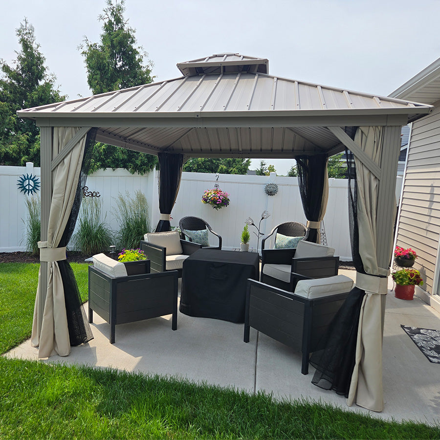 PURPLE LEAF Deck Gazebo Champagne Hardtop Metal Frame Double Roof with Curtains and Netting with Lights-clear