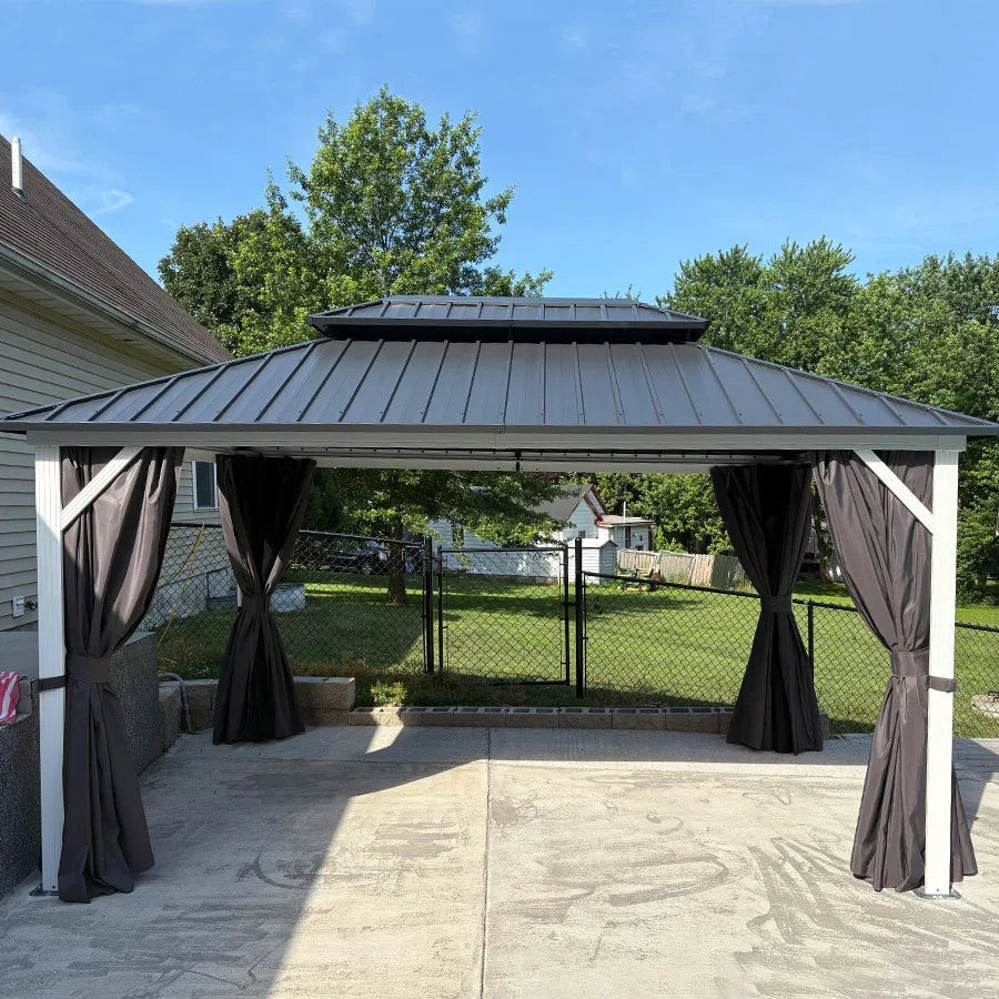 PURPLE LEAF Modern Gazebo Grey Hardtop Galvanized Steel Double Roof White Aluminum Poles with Curtains and Netting with Lights-clear
