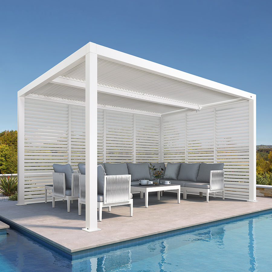 PURPLE LEAF Athena Louvered Pergola white Outdoor Aluminum Pergola with Shutter Wall Adjustable Gazebo Rainproof for Patio Deck Garden
