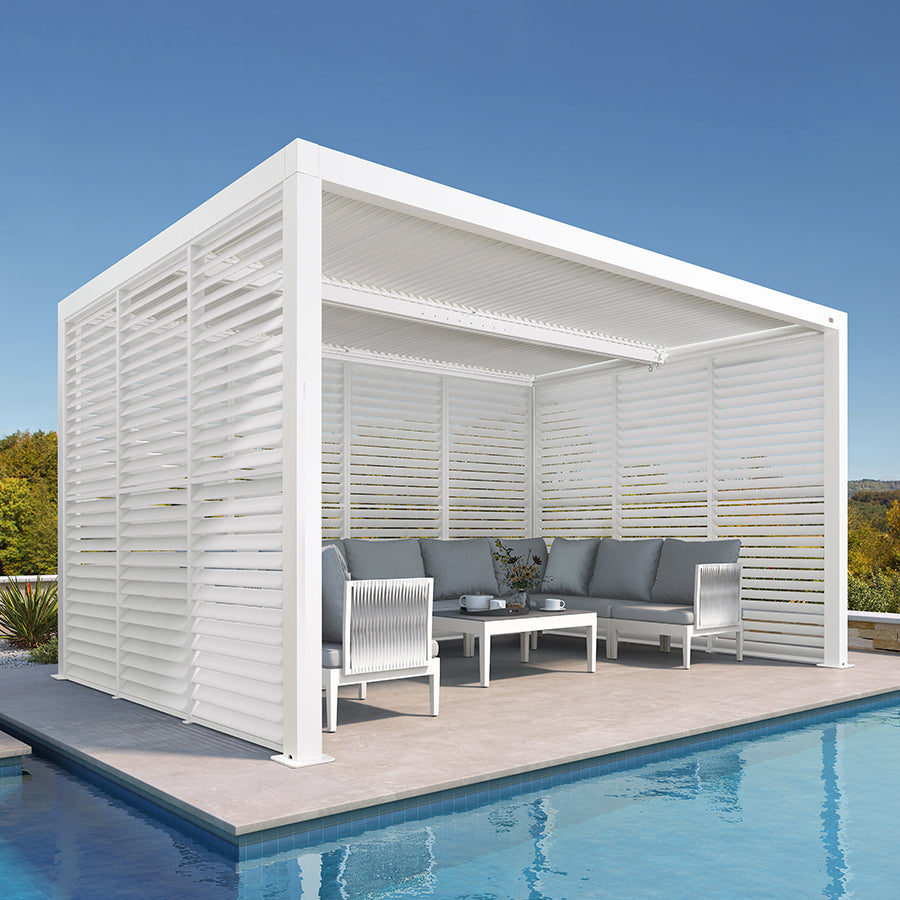 PURPLE LEAF Athena Louvered Pergola white Outdoor Aluminum Pergola with Shutter Wall Adjustable Gazebo Rainproof for Patio Deck Garden