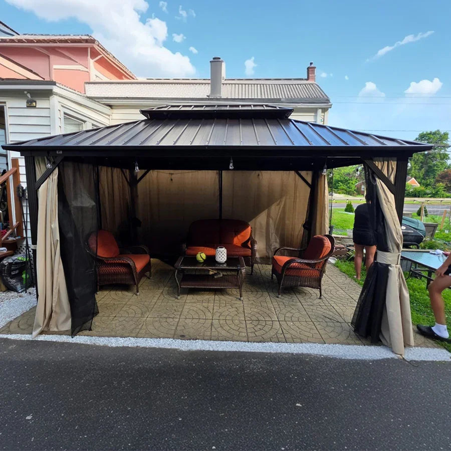 PURPLE LEAF Hardtop Gazebo Featuring Galvanized Steel Double Roof and Bronze Aluminum Frame with Curtains and Netting for Backyard with Lights-milky