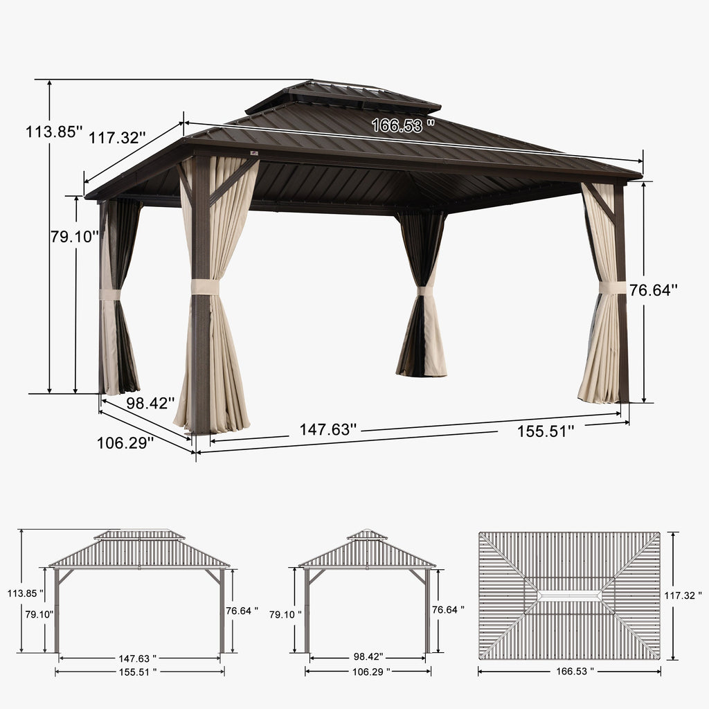 PURPLE LEAF Hardtop Gazebo Featuring Galvanized Steel Double Roof and Bronze Aluminum Frame with Curtains Netting and Reinforcement Support Rods
