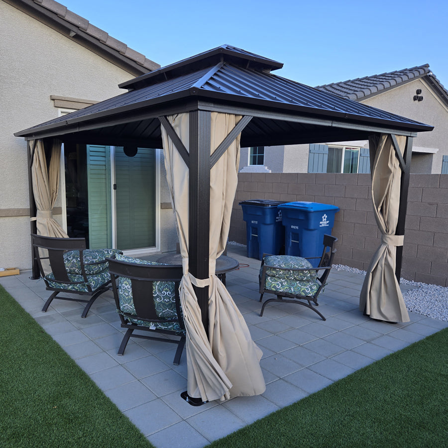 PURPLE LEAF Hardtop Gazebo Featuring Galvanized Steel Double Roof and Bronze Aluminum Frame with Curtains Netting and Reinforcement Support Rods
