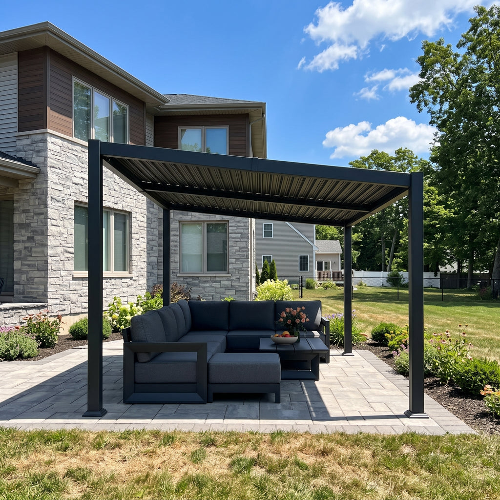 PURPLE LEAF Caesar Hardtop Louvered Pergola with LED String Lights, Slanted Roof Outdoor Aluminum Pergola with Adjustable Rainproof Louvers,Freestanding Patio Gazebo for Backyard Deck, Gray