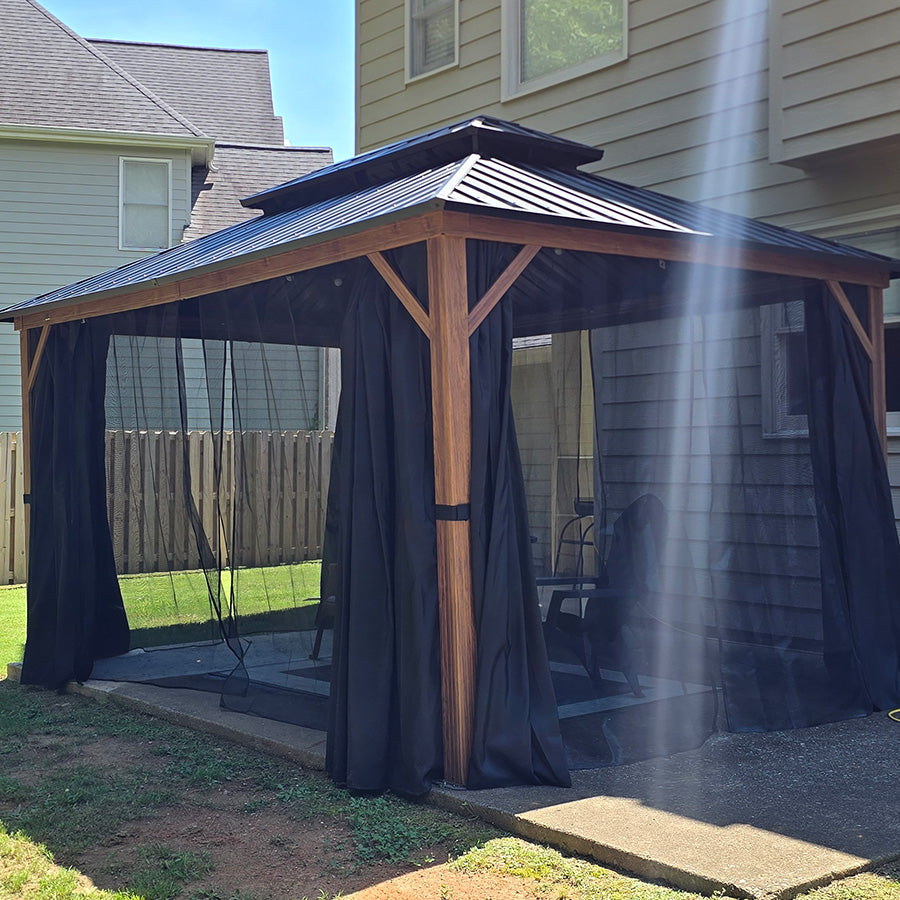 PURPLE LEAF Metal Gazebo Double Roof Wood Grain Aluminum Frame with Curtains and Netting with Lights-milky