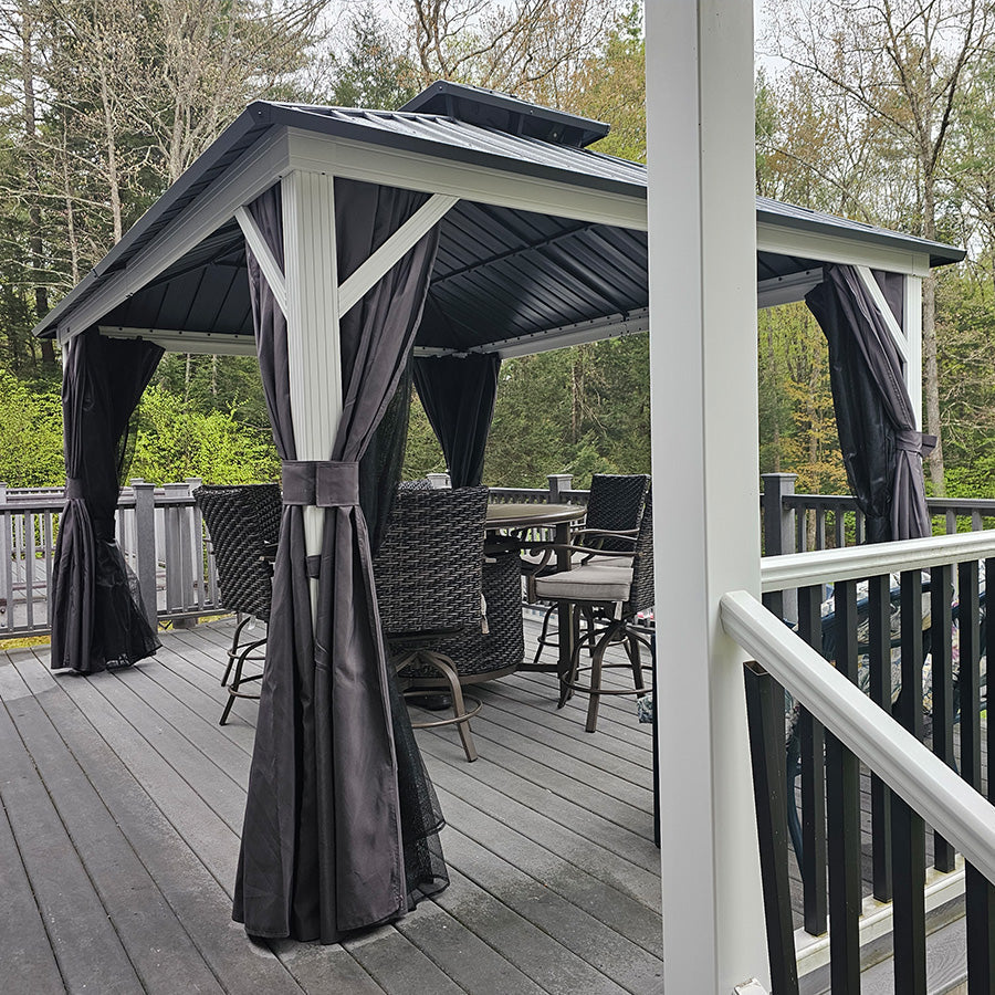 PURPLE LEAF Modern Gazebo Grey Hardtop Galvanized Steel Double Roof White Aluminum Poles with Curtains and Netting with Lights-milky