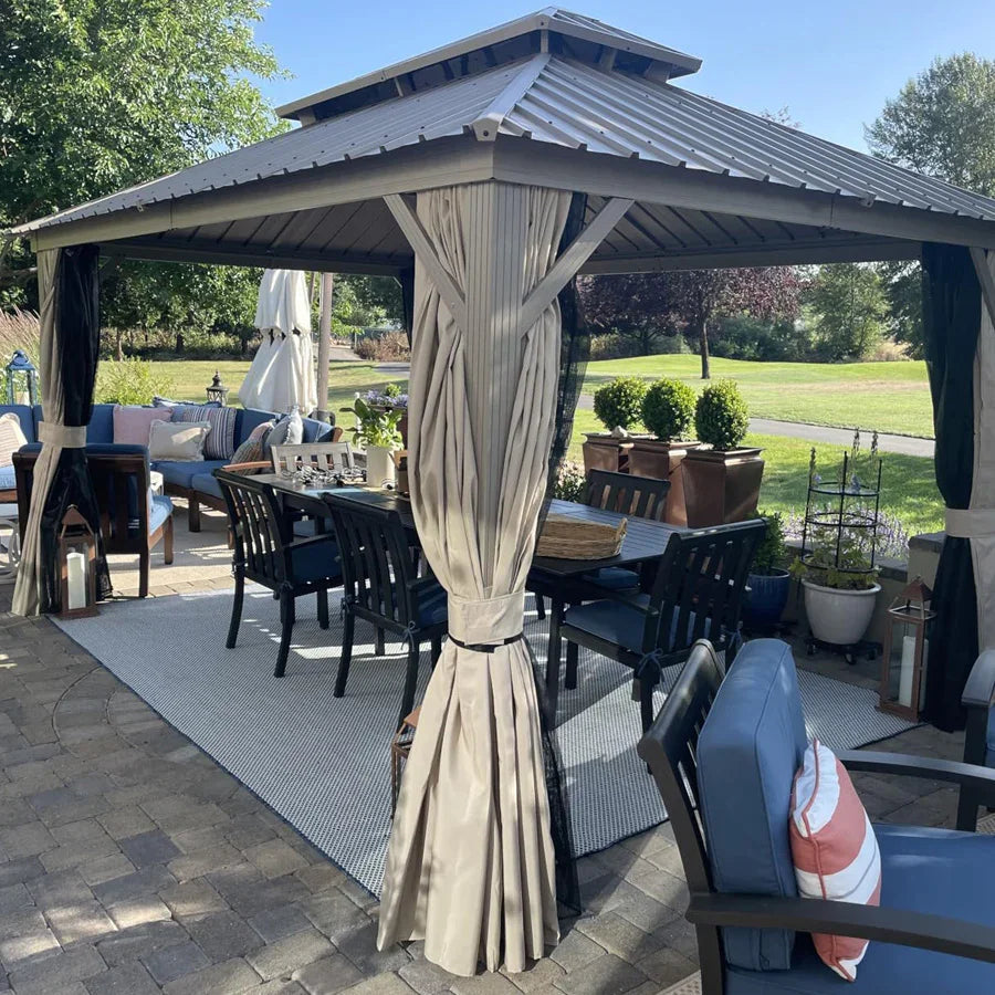 PURPLE LEAF Deck Gazebo Champagne Hardtop Metal Frame Double Roof with Curtains and Netting with Lights-clear
