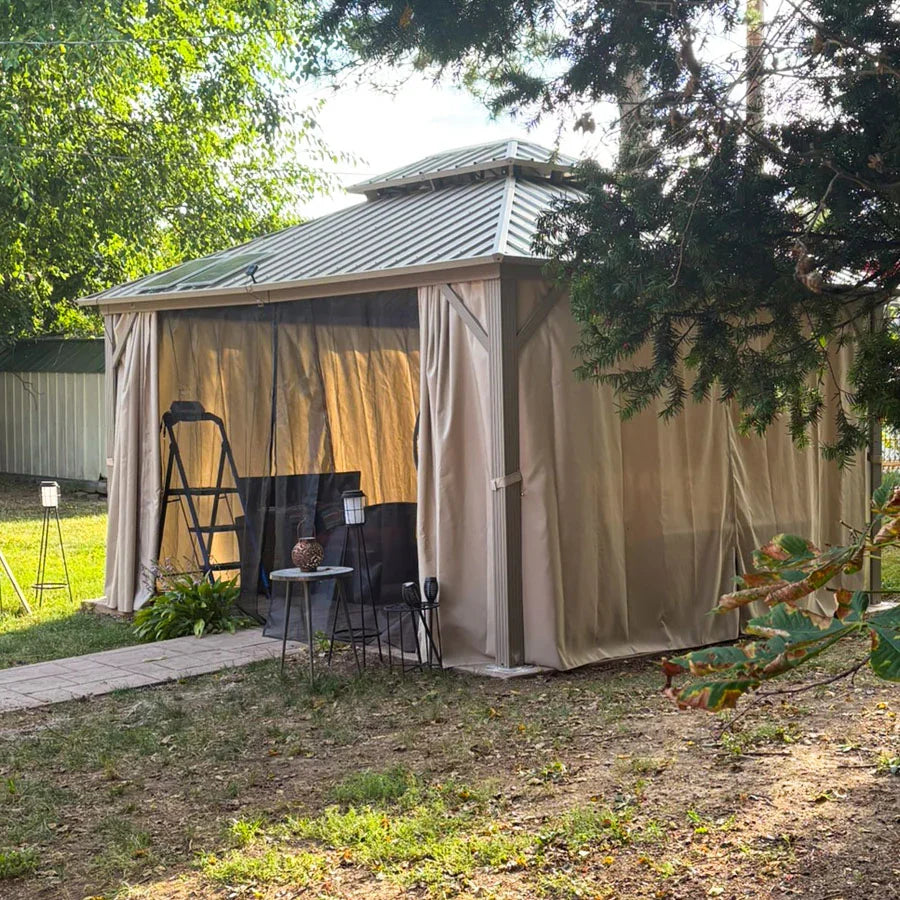 PURPLE LEAF Deck Gazebo Champagne Hardtop Metal Frame Double Roof with Curtains and Netting