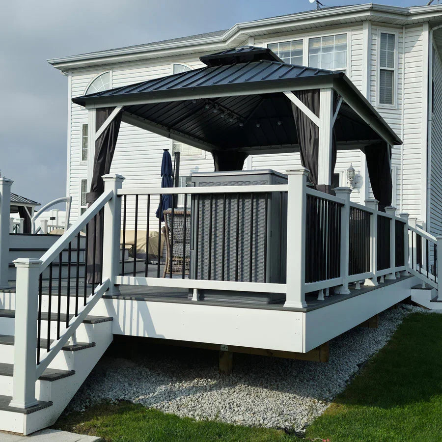 PURPLE LEAF Modern Gazebo Grey Hardtop Galvanized Steel Double Roof White Aluminum Poles with Curtains and Netting with Lights-clear