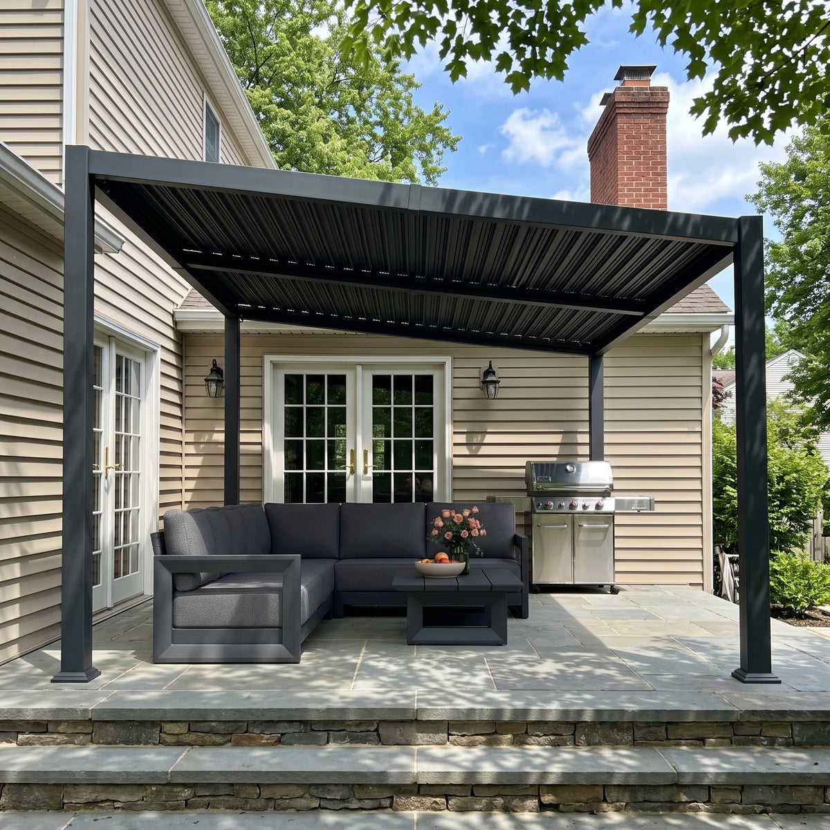 PURPLE LEAF Caesar Hardtop Louvered Pergola with LED String Lights, Slanted Roof Outdoor Aluminum Pergola with Adjustable Rainproof Louvers,Freestanding Patio Gazebo for Backyard Deck, Gray