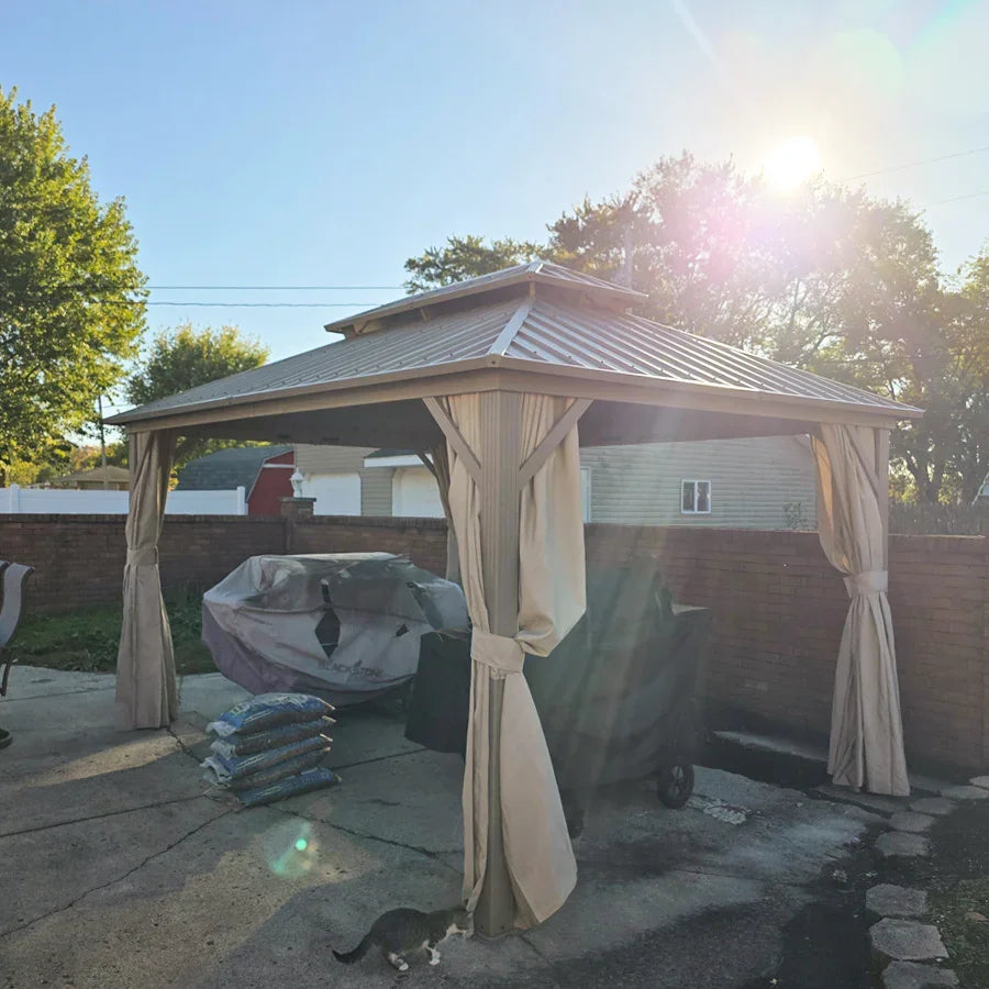 PURPLE LEAF Deck Gazebo Champagne Hardtop Metal Frame Double Roof with Curtains and Netting with Lights-milky
