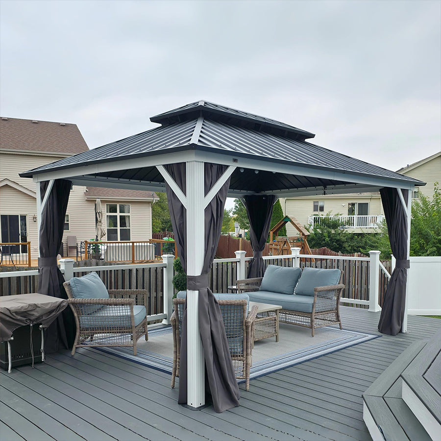 PURPLE LEAF Modern Gazebo Grey Hardtop Galvanized Steel Double Roof White Aluminum Poles with Curtains and Netting