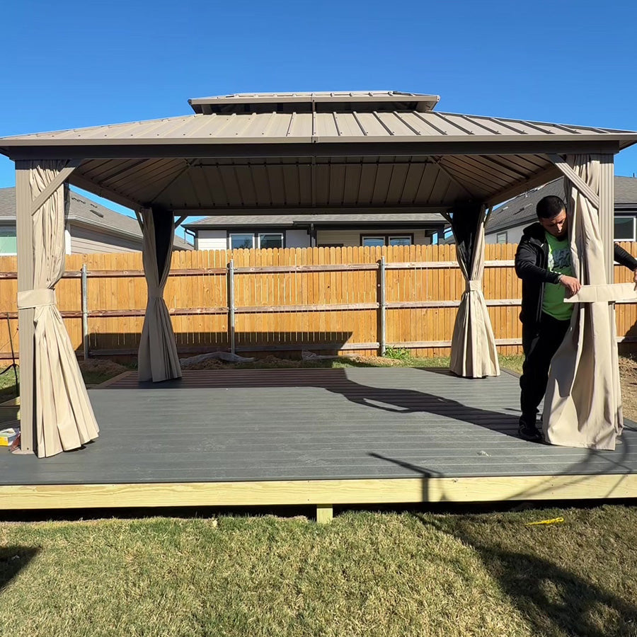 PURPLE LEAF Deck Gazebo Champagne Hardtop Metal Frame Double Roof with Curtains and Netting