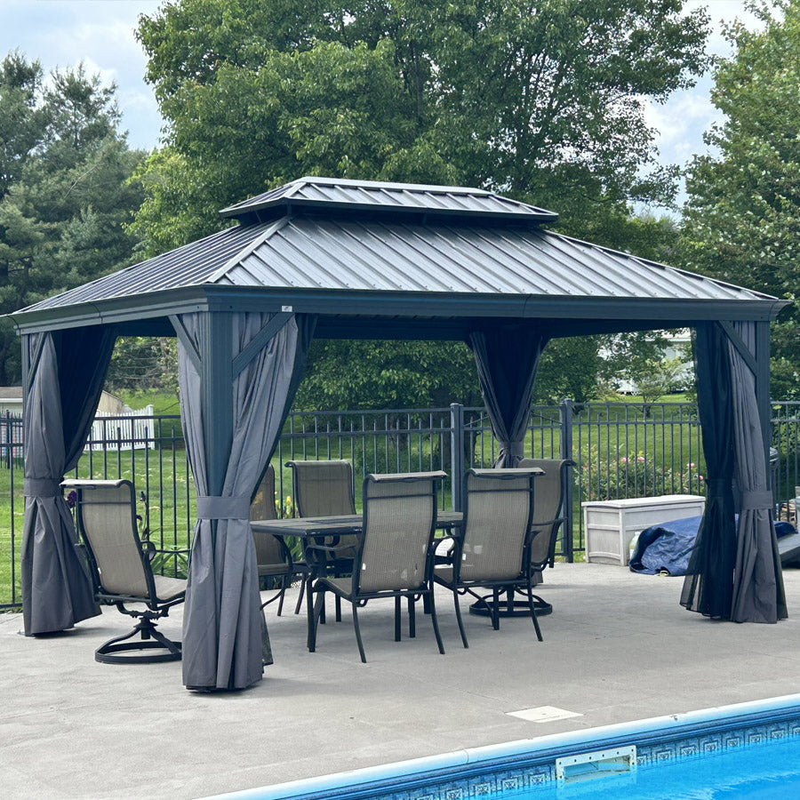 PURPLE LEAF Patio Gazebo for Backyard Grey Hardtop Galvanized Steel Roof Awning String Lights-milky