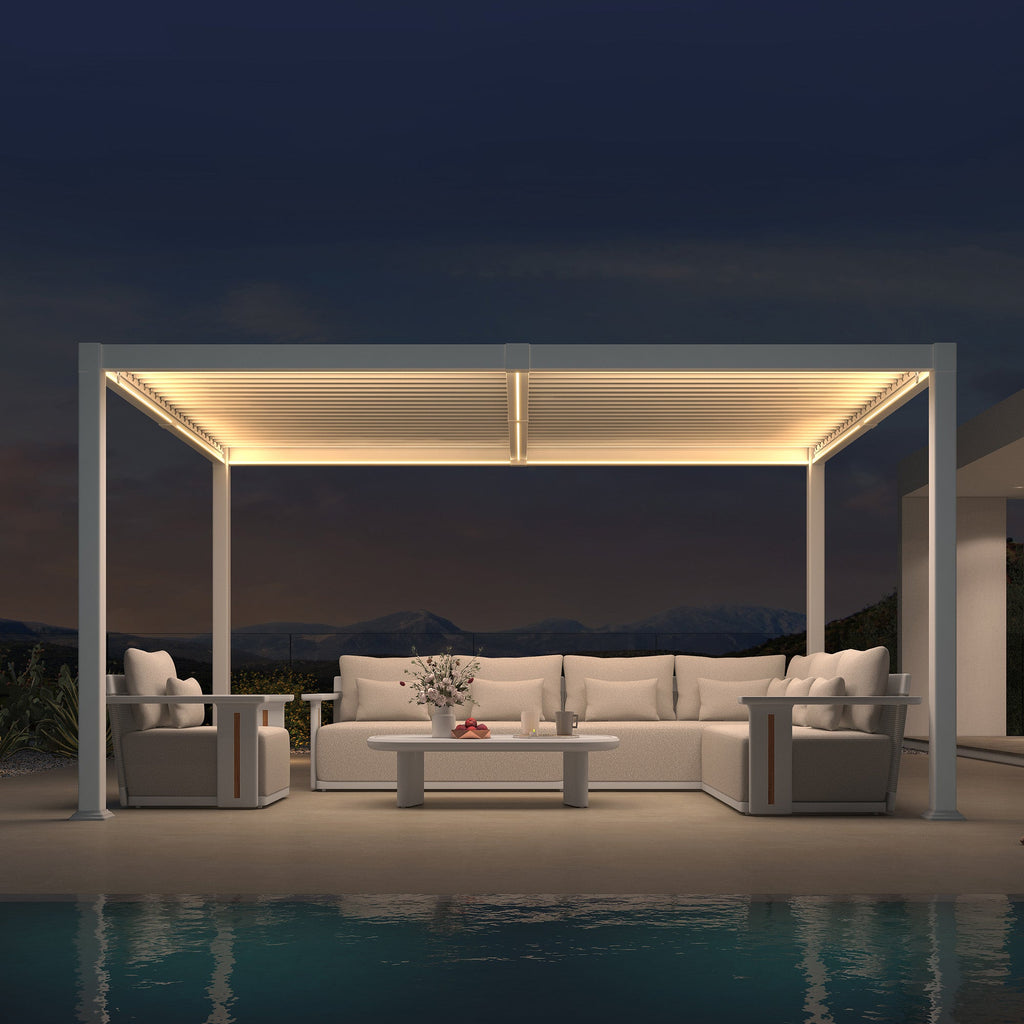 PURPLE LEAF Caesar LED Louvered Pergola with Integrated Solar Strip Lights Adjustable Aluminum Louvers Wind Resistant Pergolas for Patio Dining Deck Garden Yard White