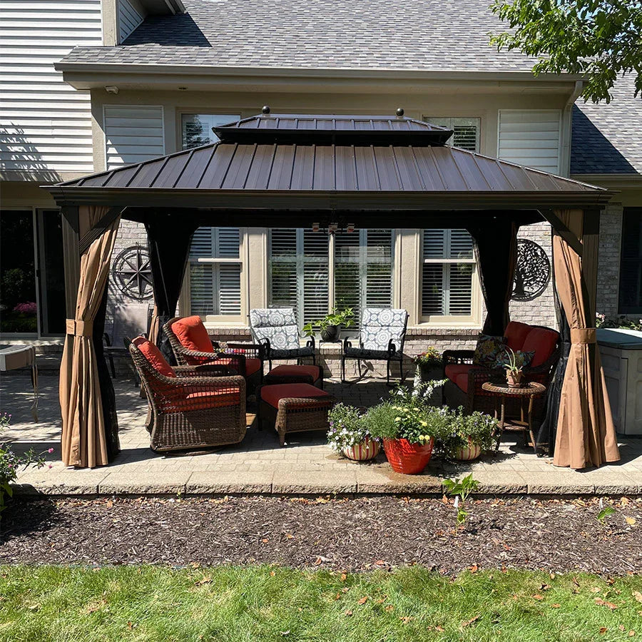 PURPLE LEAF Outdoor Hardtop Gazebo for Garden Bronze Double Roof Aluminum Frame Pavilion with Reinforcement Support Rod