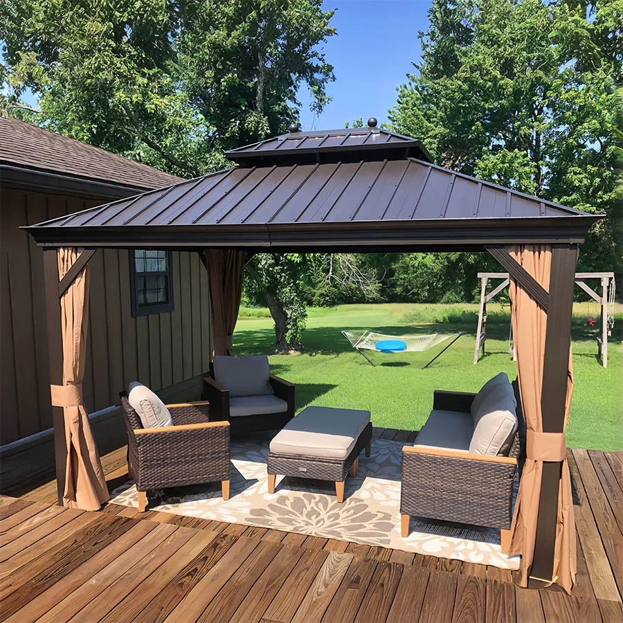 PURPLE LEAF Outdoor Hardtop Gazebo for Garden Bronze Double Roof Aluminum Frame Pavilion with Reinforcement Support Rod
