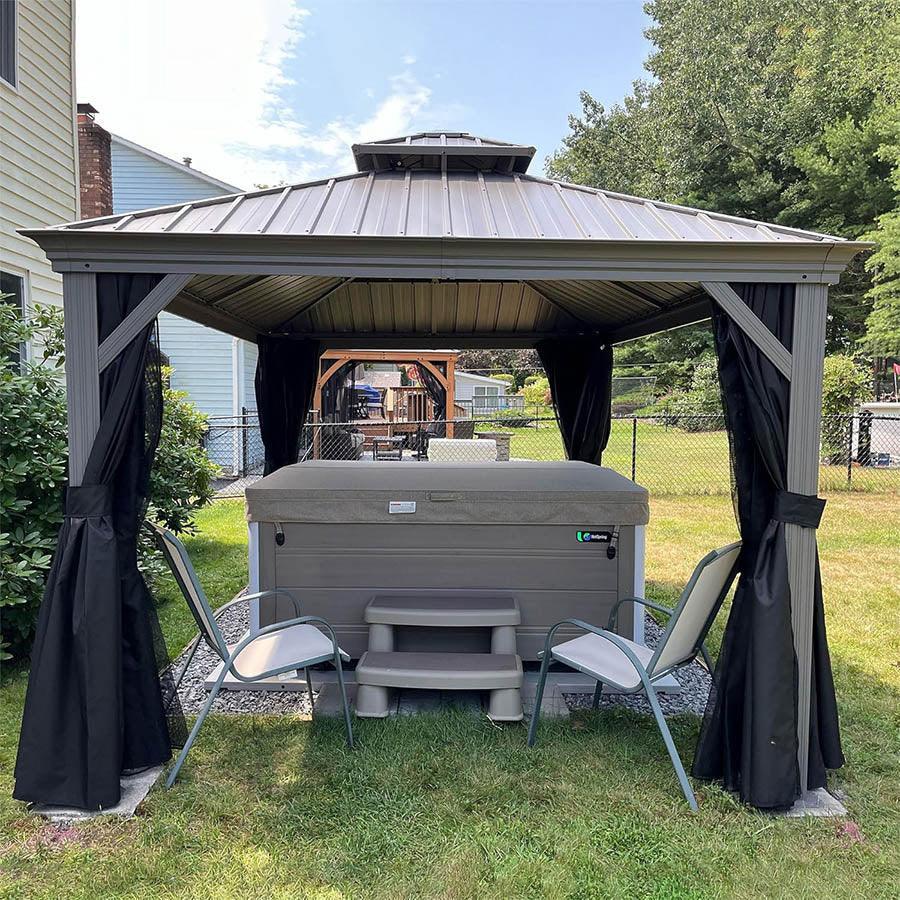 PURPLE LEAF Patio Gazebo for Pool Light Grey Hardtop Galvanized Steel Roof with Reinforcement Support Rod