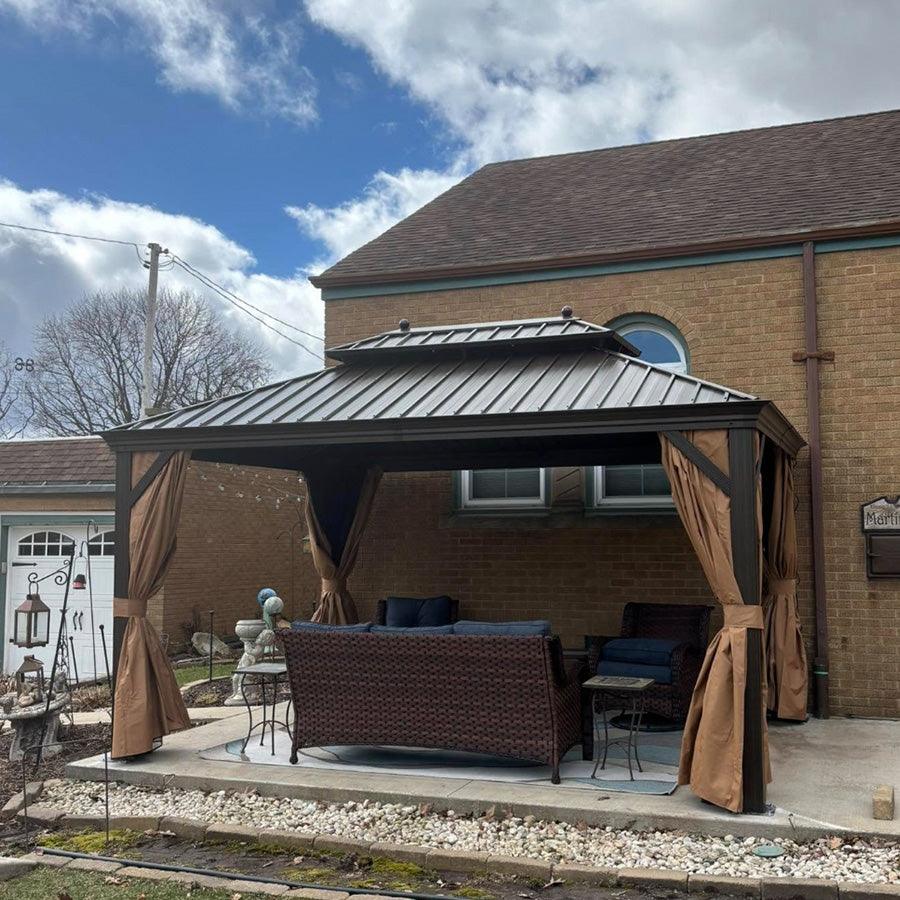 PURPLE LEAF Outdoor Hardtop Gazebo for Garden Bronze Double Roof Aluminum Frame Pavilion with String Lights-clear