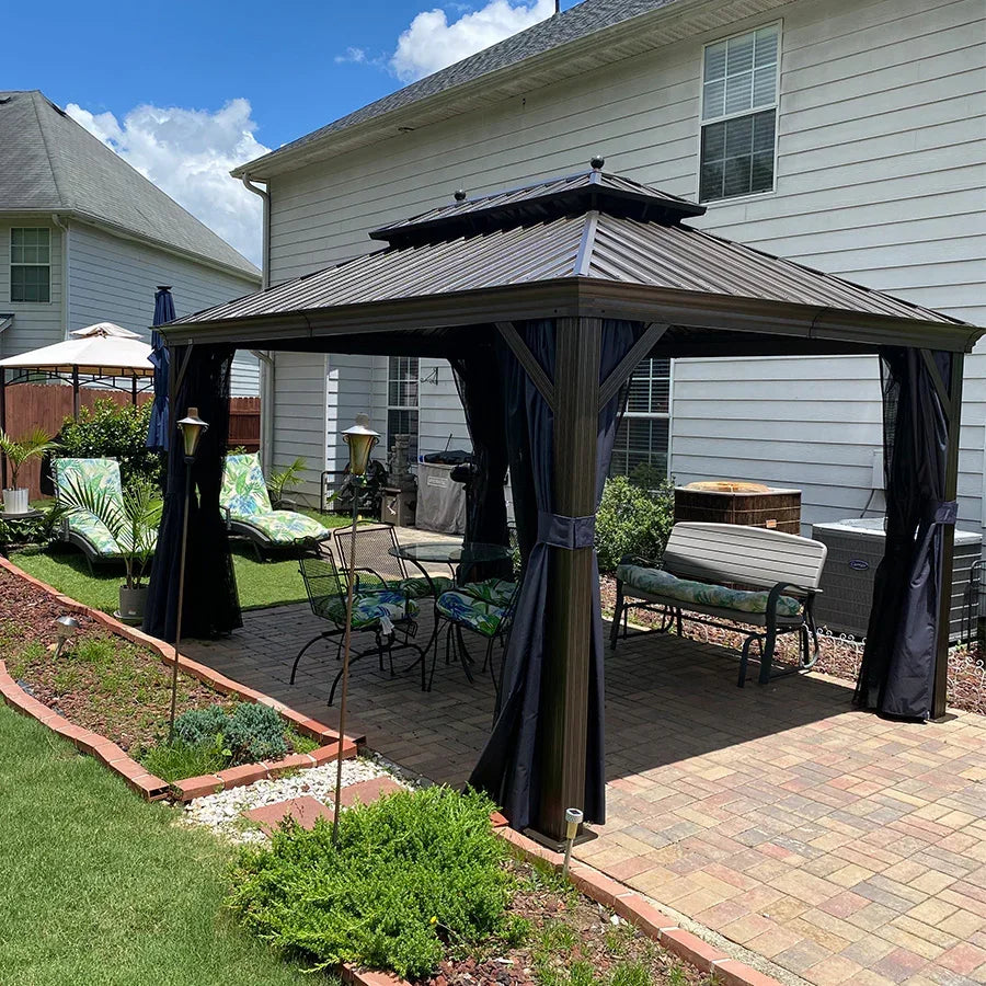PURPLE LEAF Outdoor Hardtop Gazebo for Patio Bronze Aluminum Frame Pavilion with Navy-Blue Curtain and Reinforced Support Rods