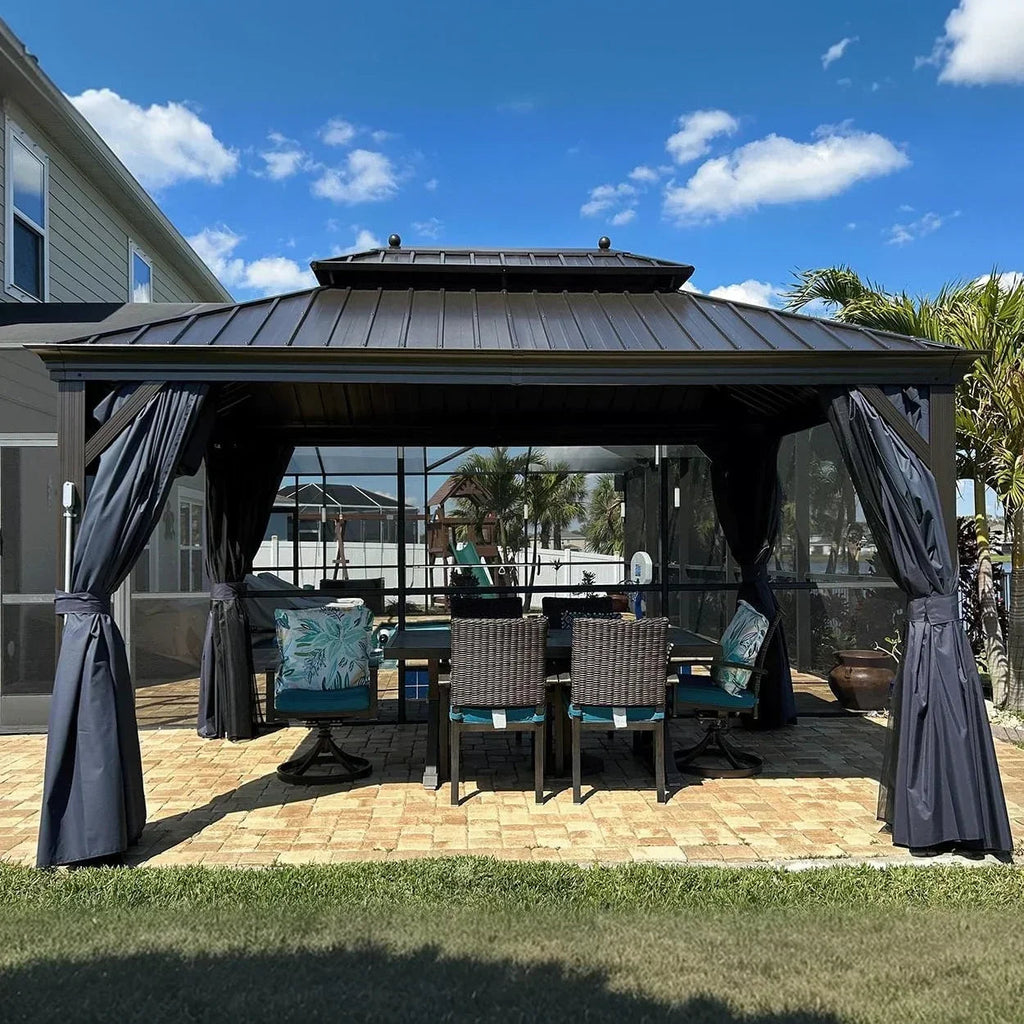 PURPLE LEAF Outdoor Hardtop Gazebo for Patio Bronze Aluminum Frame Pavilion with Navy-Blue Curtain