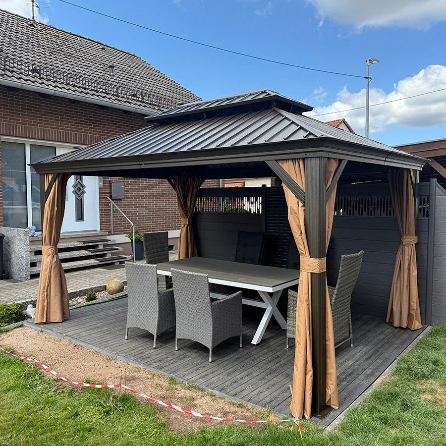 PURPLE LEAF Outdoor Hardtop Gazebo for Garden Bronze Double Roof Aluminum Frame Pavilion with String Lights-milky